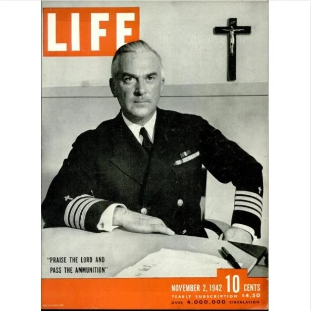 What would you do if you were pulled back into the fire of war? Born in 1885 in New Jersey, Rev. William A. Maguire first joined the Navy chaplaincy during World War I. But this was not the last time Chaplain Maguire would find himself in the midst of combat. 

On Dec. 7, 1941, as Pacific Fleet Chaplain he was on the dock awaiting a launch to the USS California for Mass. As the attack began, Maguire immediately started to aid and minister the wounded sailors. He commandeered a motor whaleboat, braving oil fires on the water to ferry over 100 wounded sailors from sinking ships to shore. Exhausted but unyielding, he coordinated with other chaplains for relief efforts. 

When Frank Loesser penned the famous wartime tune, “Praise the Lord and Pass the Ammunition,” he identified Maguire as the chaplain who uttered the title phrase during the Pearl Harbor Attack. Life magazine picked up the story and featured Maguire on the cover of its November 2, 1942 edition. That same week, the New York Times reported that the attribution was in error. Chaplain Maguire corrected the record, stating: “If I said it, nobody could have heard me in the din of battle.” 

Only later was Chaplain Howell Forgy correctly identified as the source of the famous phrase. But that day, both chaplains served heroically, concerned only with serving those under their care and encouraging them in their duties. 

Visit the Chaplains Museum to learn more about Chaplain McGuire and the chaplains at Pearl Harbor! 

Image: Life Magazine cover featuring Chaplain William McGuire incorrectly identified as the inspiration behind “Praise the Lord and Pass the Ammunition.” 

Help the Chaplains Museum expand our collection and add new exhibits! Look for the “Donate” section at the link in our bio. 

#chaplainsmuseum #chaplain #militarychaplain #libertyuniversity #navy #pearlharbor #worldwar2 #pearlharborheroes