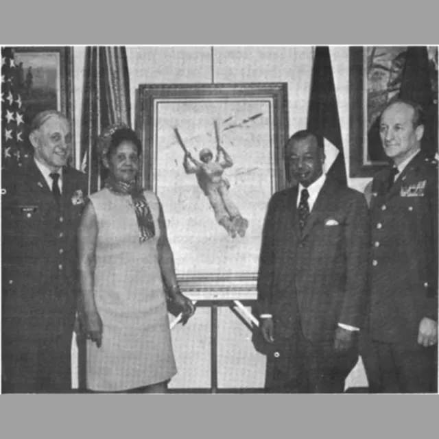 Can you imagine how you would feel joining the army as a chaplain, and now you are jumping out of a plane? Today, as a part of Black History Month, we are honoring Theodore R. Owens (right of the painting), the first African American chaplain to earn the coveted paratrooper’s badge. Owens’ career is one of trailblazing, setting the stage for future chaplains in the paratrooper field. After his service in multiple wars, Chaplain Owens believed that he could help the future generations of chaplains. Owens, in his work, The Chaplain and Area Coverage in The Airborne Division, detailed the present challenges (1958) within the paratrooper chaplain corps in comparison to their Air Force and Army counterparts. His insights have helped accommodate future chaplains in the field and provide us with details on the struggles that he faced in his position. 

Owens’ heroics are not limited to becoming the first African American to receive the paratrooper badge but extend through his service in World War II and the Korean War. He was present at the Battle of the Bulge and the Okinawa campaign during World War II. While in training to become a paratrooper, Owens broke his back and was told that his chances of continuing were incredibly slim. This was not the end though, as Owens persevered and overcame this setback by completing airborne training. Owens received his badge in 1948, which allowed him to serve as an airborne chaplain throughout the Korean War. In 1973, Owens was honored in Washington D.C. by the Army Chief of Chaplains, Gerhardt W. Hyatt (on the right of Chaplain Owens) in honor of his accomplishments becoming the first African American airborne chaplain. At this dinner, Owens’ legacy was enshrined with an oil painting of him descending from the sky as a paratrooper. 

Chaplain Owens’ story is one of resilience, determination, and pioneering for the modern-day chaplain in the airborne division and other branches. We honor and praise his service to the United States by telling his story today. 

Help the Chaplains Museum expand our collection and add new exhibits! Look for the “Donate” section at the link in our bio. #chaplainsmuseum #chaplain #militarychaplain