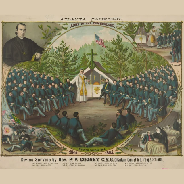 Every Easter Sunday, Christians around the world remember and celebrate the death, burial, and resurrection of Jesus Christ. Even in the midst of war, chaplains have shared the Easter message with the troops they serve. This 1877 print depicts Rev. P. P. Cooney, a Catholic priest, carrying out his role as a chaplain. The center image shows him holding a Mass service on Easter Sunday for the Army of the Cumberland in 1864. This image reminds us that soldiers celebrated Easter even away from home and on the battlefront. May this Easter bring hope and joy to all who observe it. 

 

Help the Chaplains Museum expand our collection and add new exhibits! Look for the "Donate" section at the link in our bio.  

#chaplainsmuseum #chaplain #militarychaplain #libertyuniversity #easter